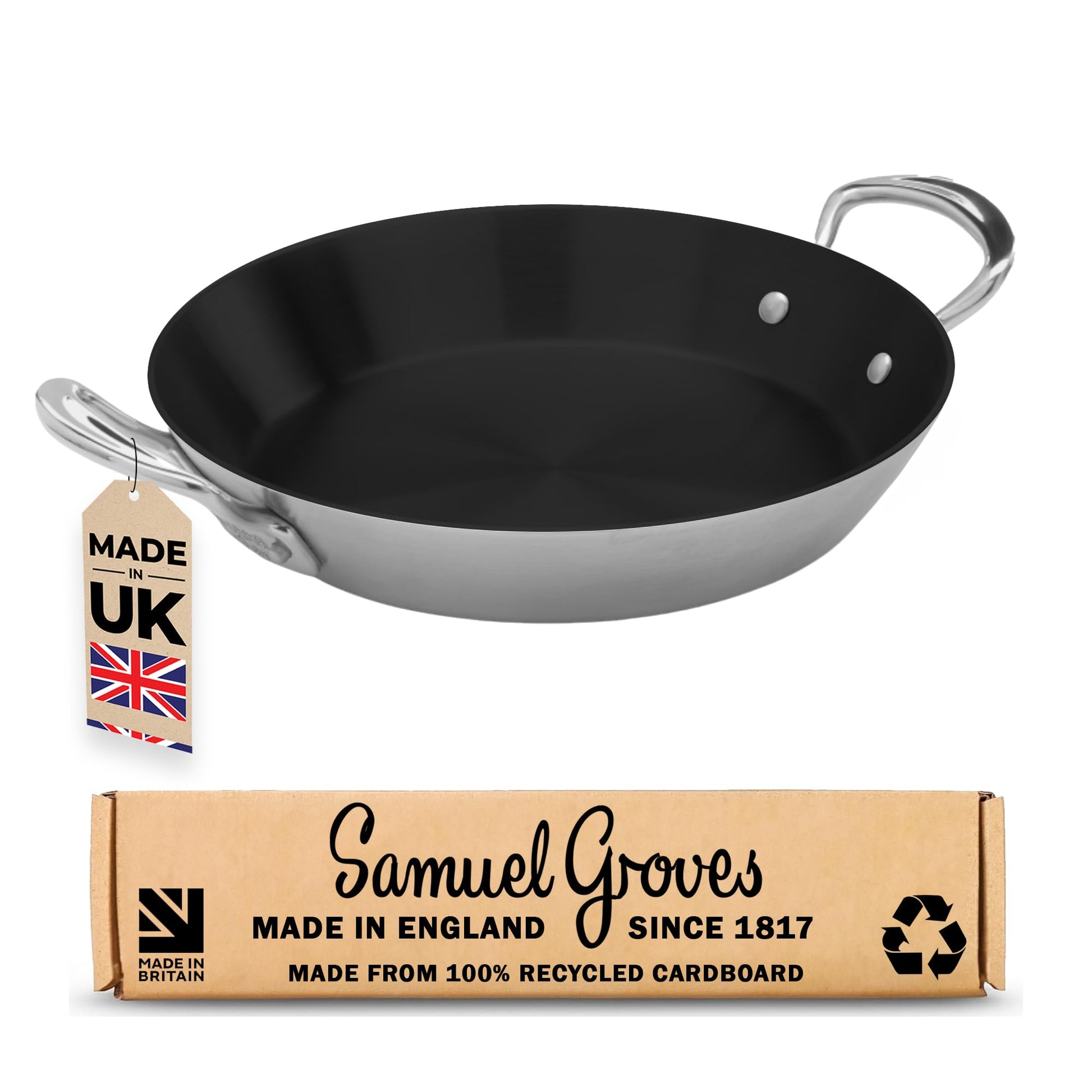 Samuel Groves Stainless Steel Non Stick 3-Ply Paella Pan – Rapid Heat Distribution, Durable Design, Riveted Handles, Induction Compatible, UK Made - Premium Kitchen from Samuel Groves - Just £85.49! Shop now at Chabrias Ltd