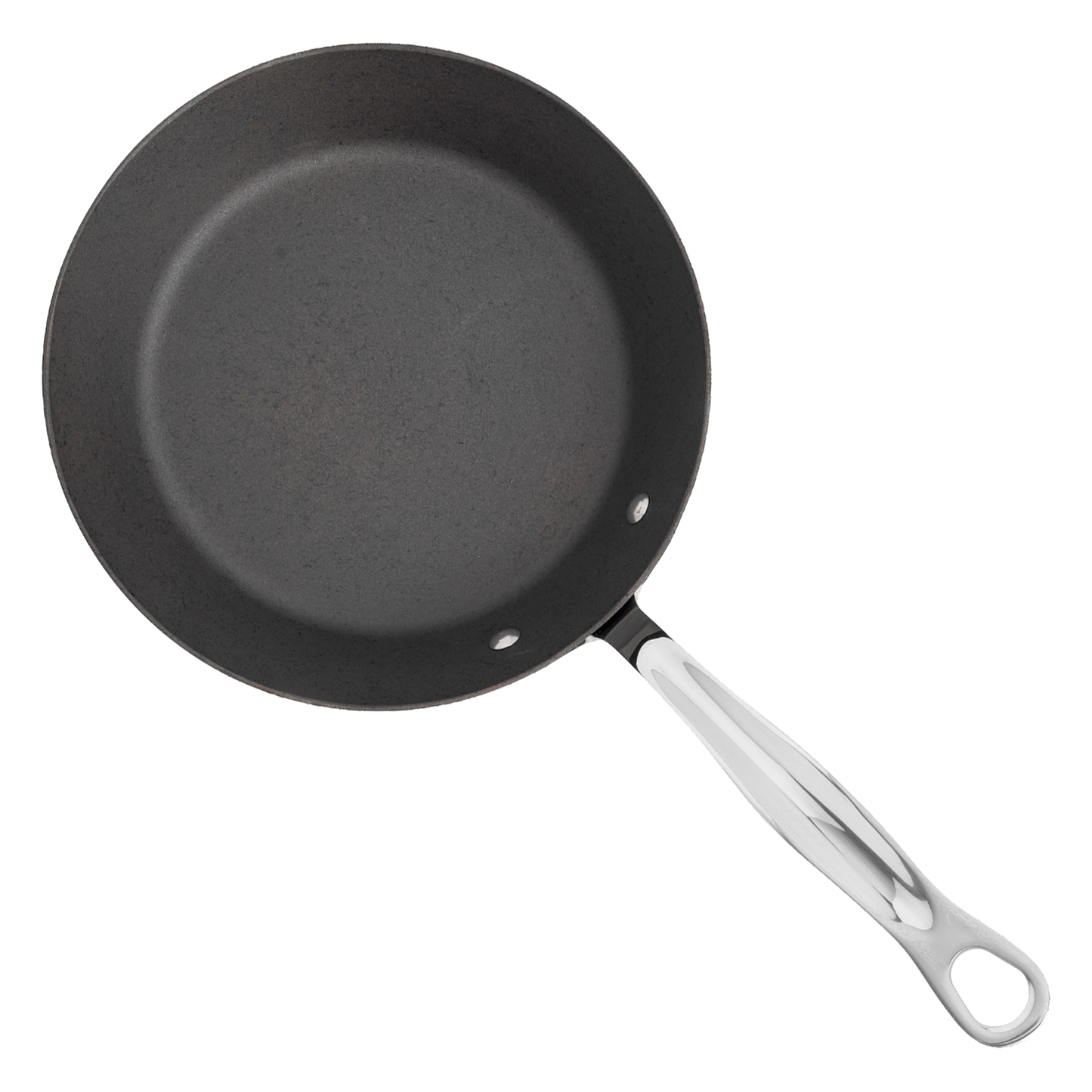 8 inch carbon steel frying pan top view showing traditional seasoned cooking surface
