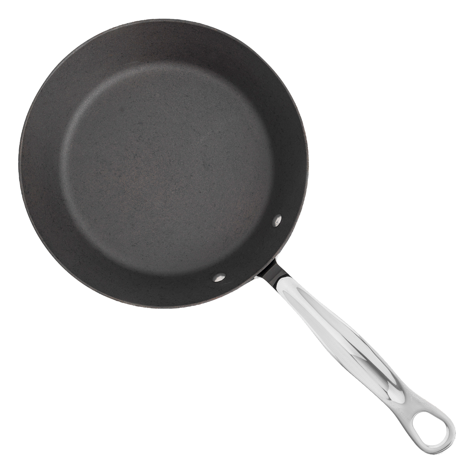 8 inch carbon steel frying pan top view showing traditional seasoned cooking surface