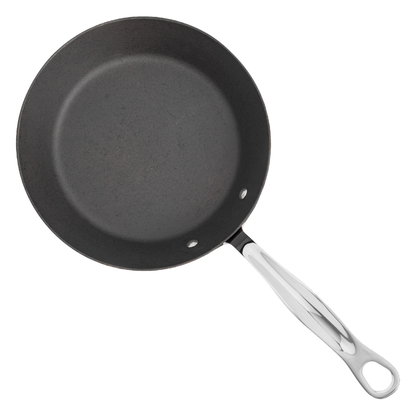 8 inch carbon steel frying pan top view showing traditional seasoned cooking surface