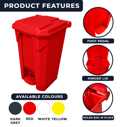 Large red pedal rubbish bin for indoor and sheltered outdoor waste disposal in busy shared spaces