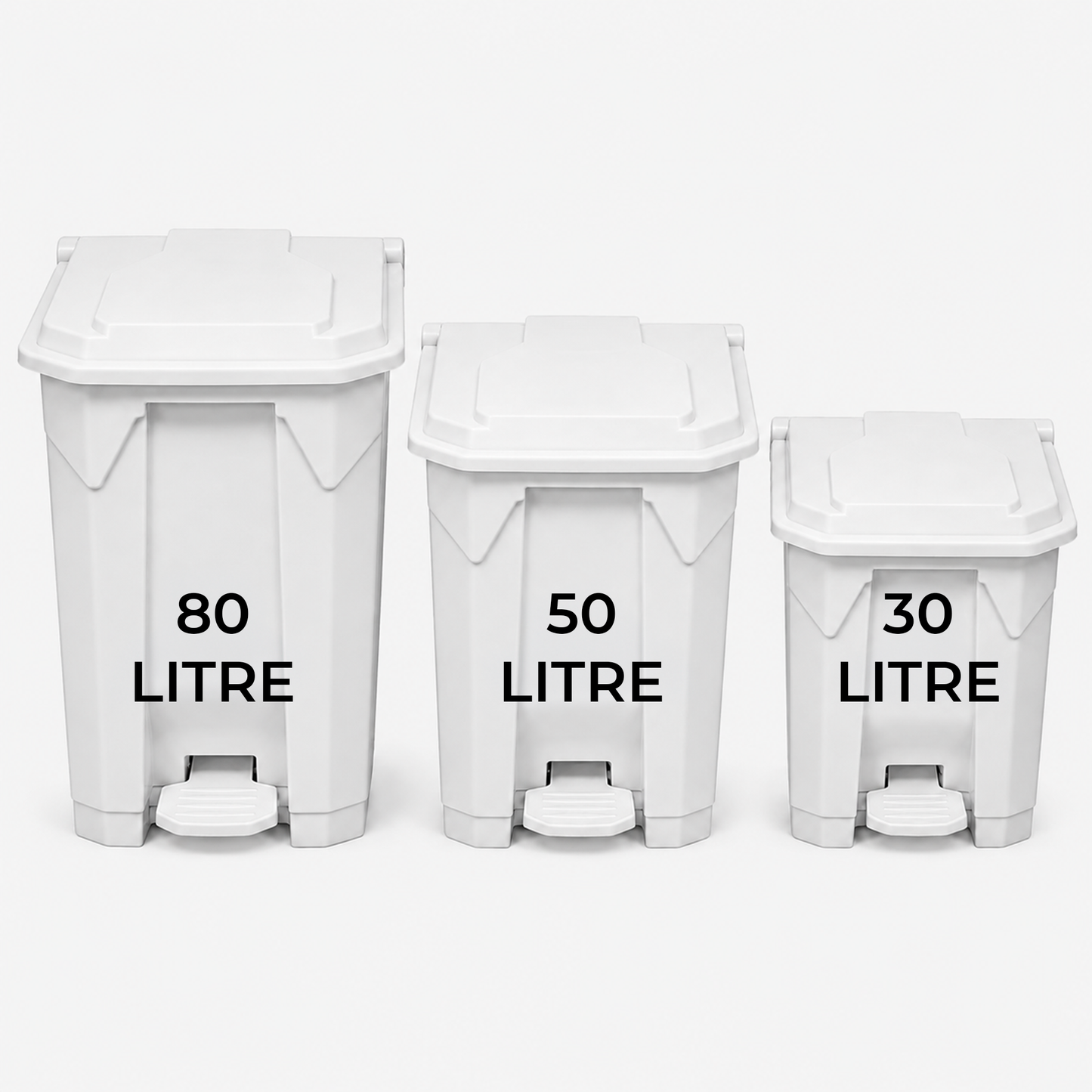 80 litre white commercial waste bin with step-on opening and smooth wipe-clean plastic finish