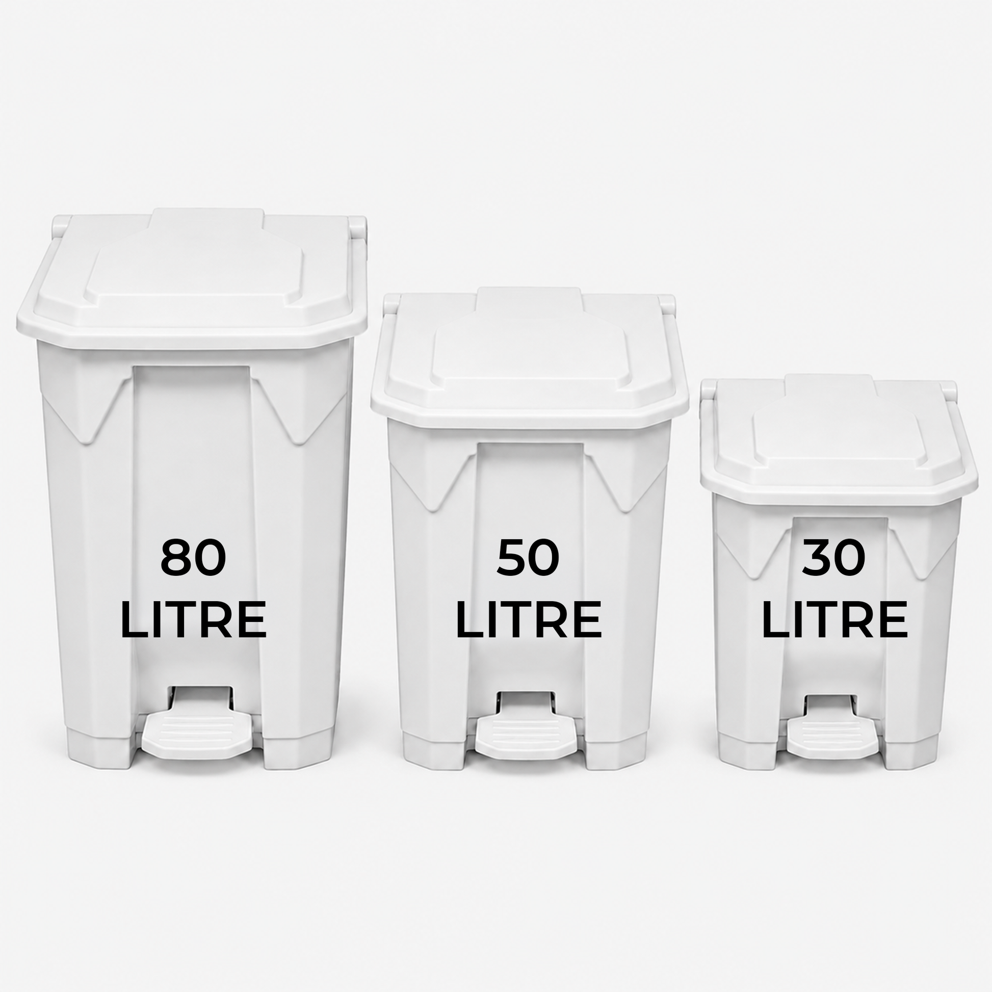 80 litre white commercial waste bin with step-on opening and smooth wipe-clean plastic finish