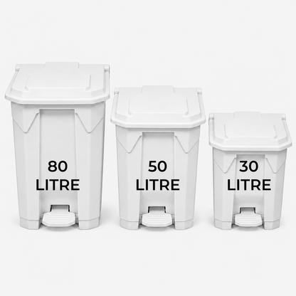 80 litre white commercial waste bin with step-on opening and smooth wipe-clean plastic finish