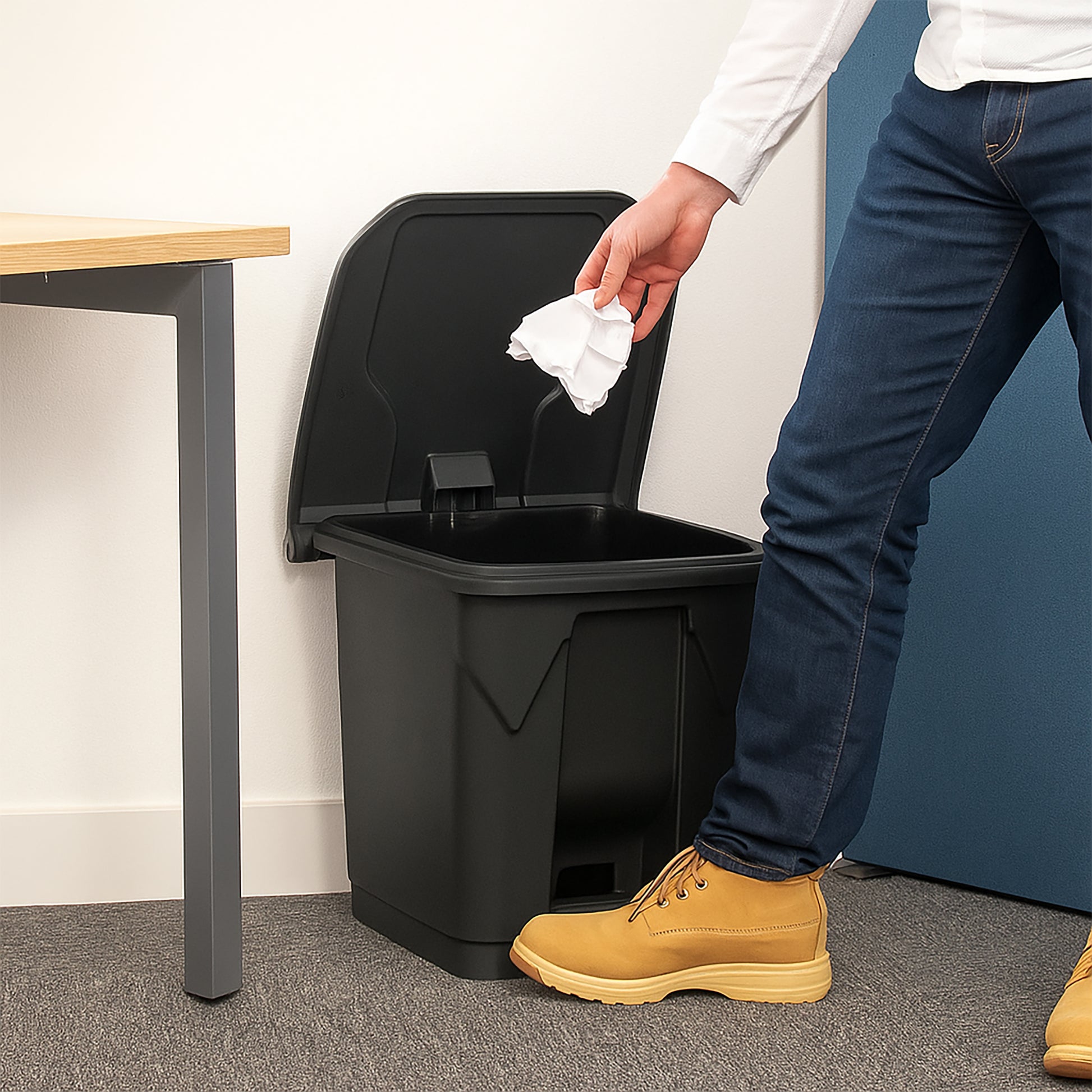 Compact 30L grey office waste bin with foot operated lid