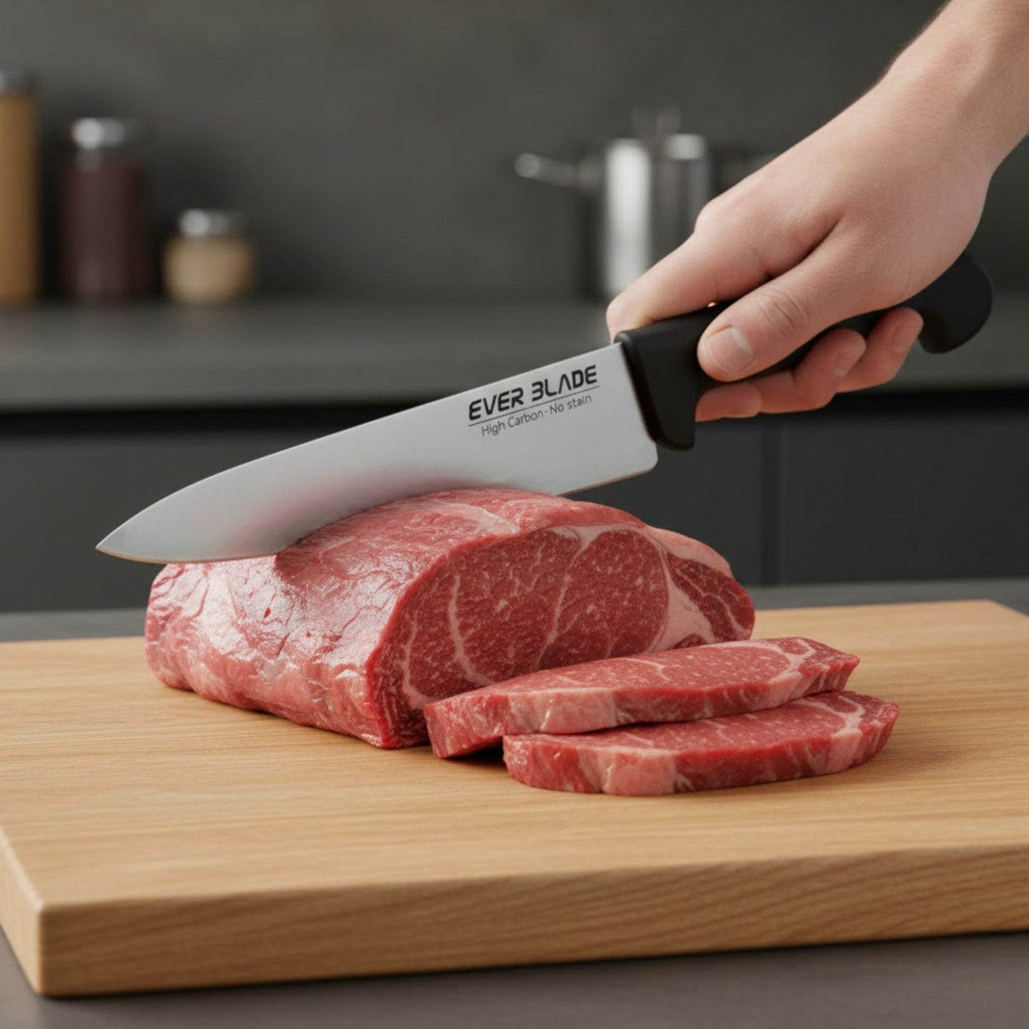 black ergonomic handle macro detail on ever blade chef knife