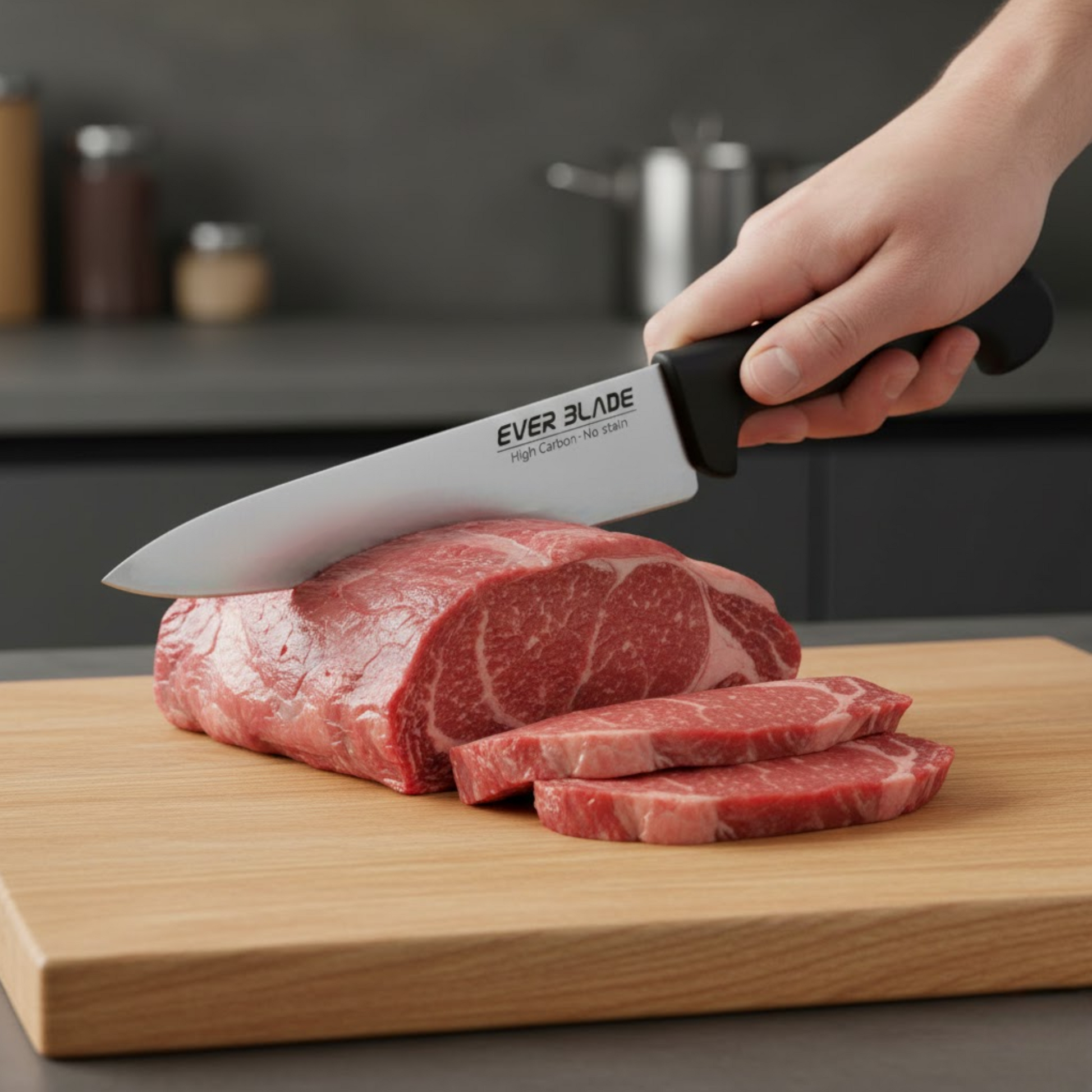 black ergonomic handle macro detail on ever blade chef knife