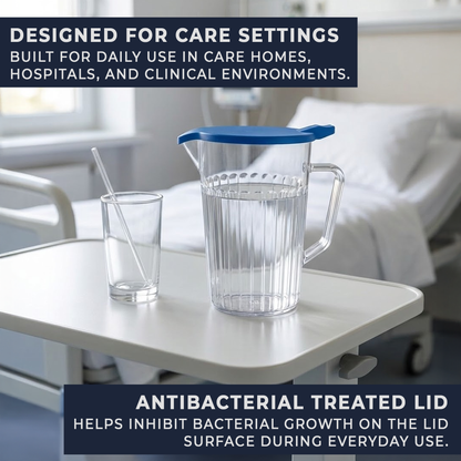 polycarbonate bedside water jug with antibacterial lid for hygiene in care homes and healthcare settings
