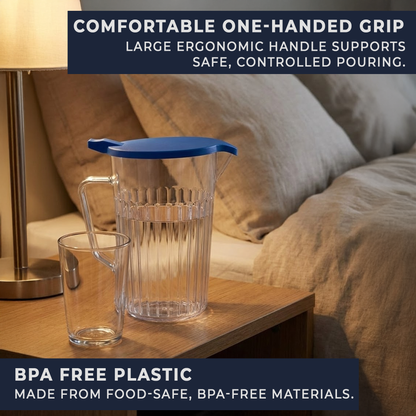 pack of 6 clear polycarbonate water jugs blue antibacterial lids 900ml BPA free durable UK made
