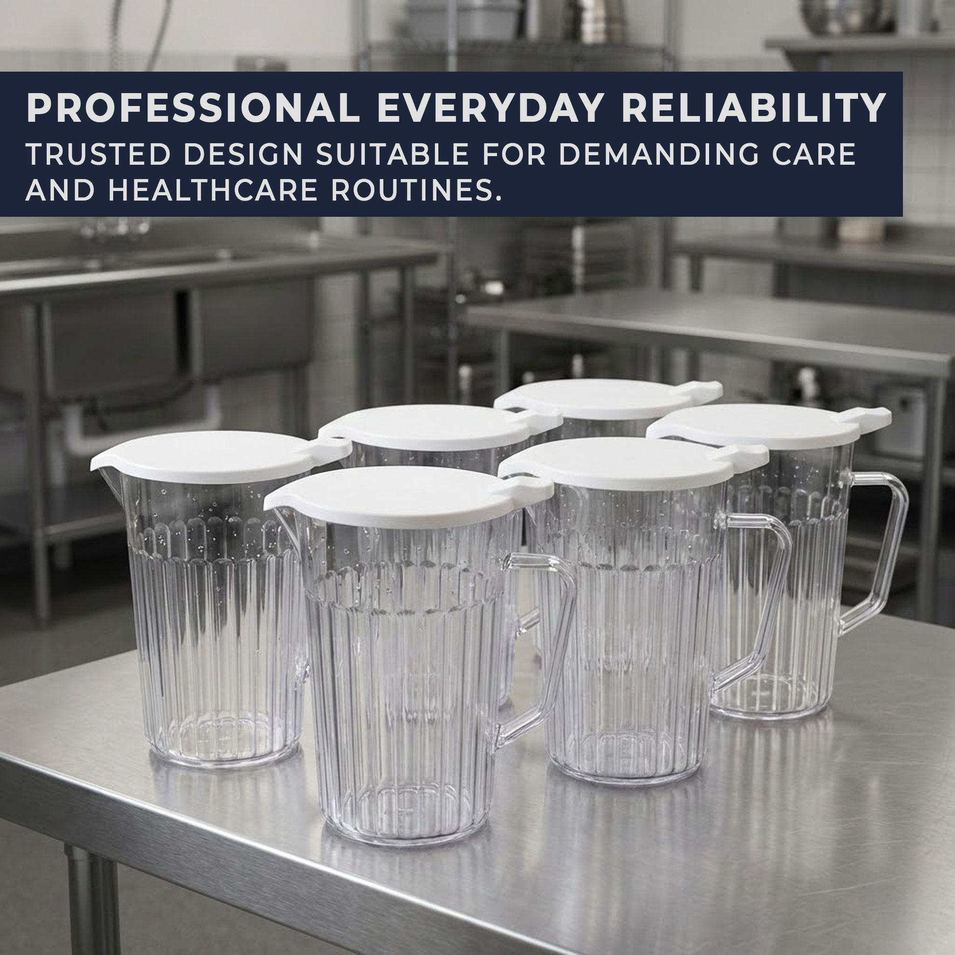 pack of 6 clear polycarbonate water jugs with white lids 900ml capacity BPA free durable bedside jugs made in the UK