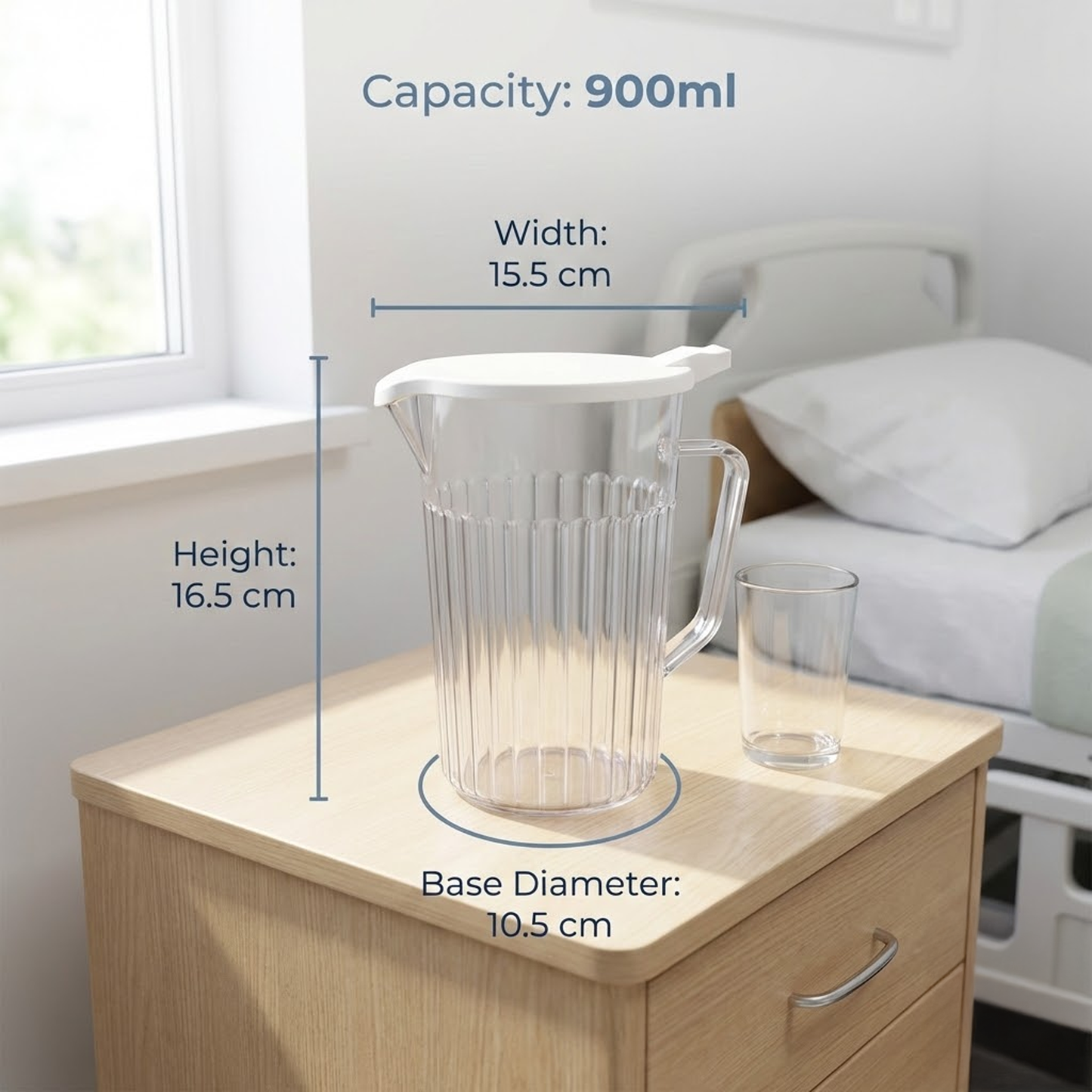 pack of 6 UK made 900ml water jugs with lids filled with lemon water on outdoor table, reusable and dishwasher safe