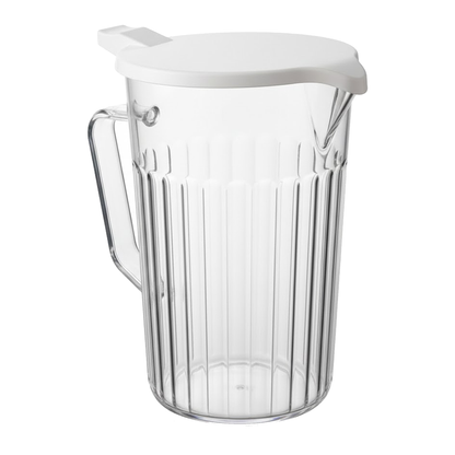 UK made 900ml water jug with lid filled with lemon water on outdoor table, reusable and dishwasher safe