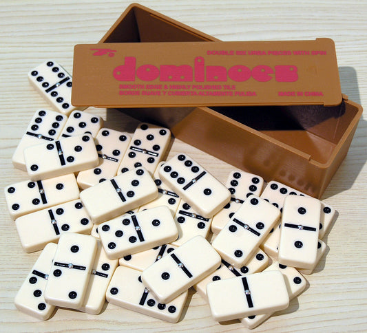 Dominoes - double six, plastic, black spots, spinners - Premium Toy from Chabrias Ltd - Just £9.49! Shop now at Chabrias Ltd