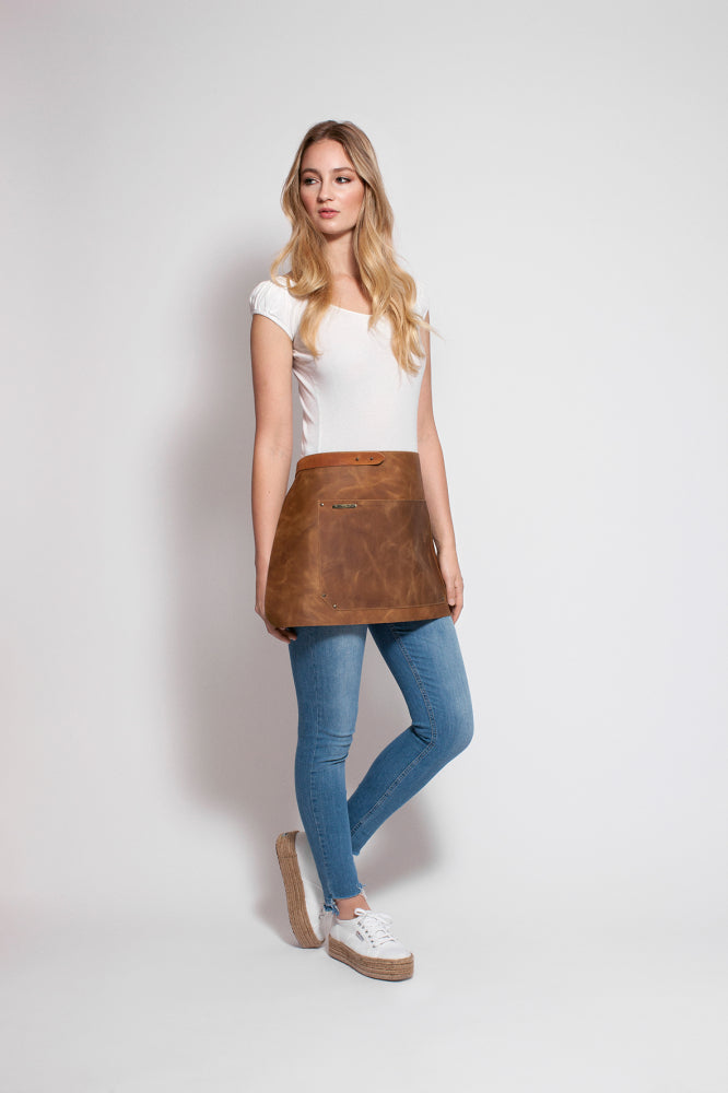 Rustic Leather Short Waist Apron - Whiskey