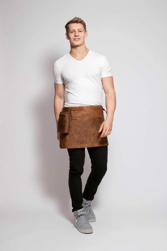 Rustic Leather Short Waist Apron - Whiskey