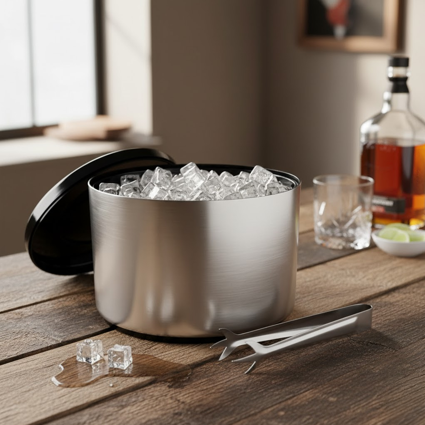 10 Litre Ice Bucket with Lid & Ice Tongs – Brushed Aluminium Effect Plastic Ice Bucket for Parties, BBQs, Home Bars & Pubs