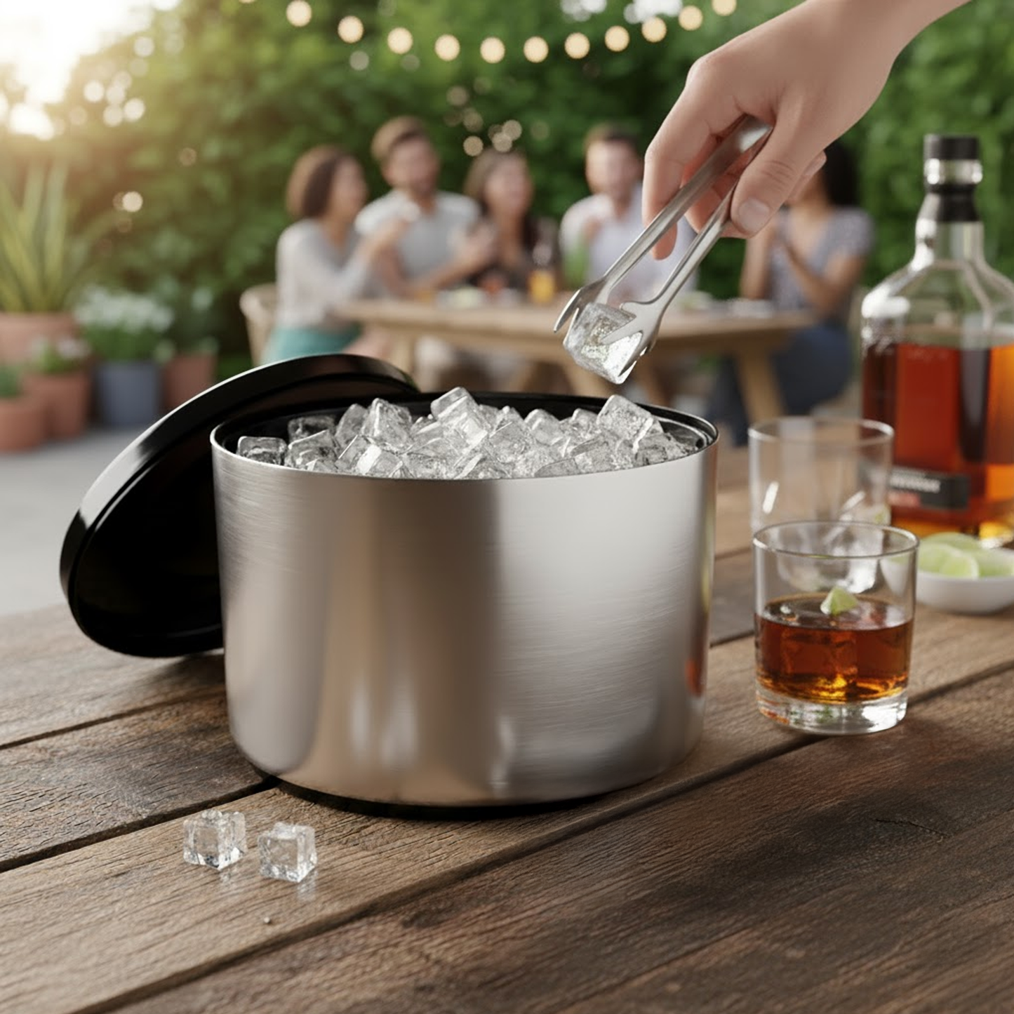 10 Litre Ice Bucket with Lid & Ice Tongs – Brushed Aluminium Effect Plastic Ice Bucket for Parties, BBQs, Home Bars & Pubs