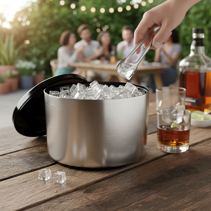 10 Litre Ice Bucket with Lid & Ice Tongs – Brushed Aluminium Effect Plastic Ice Bucket for Parties, BBQs, Home Bars & Pubs