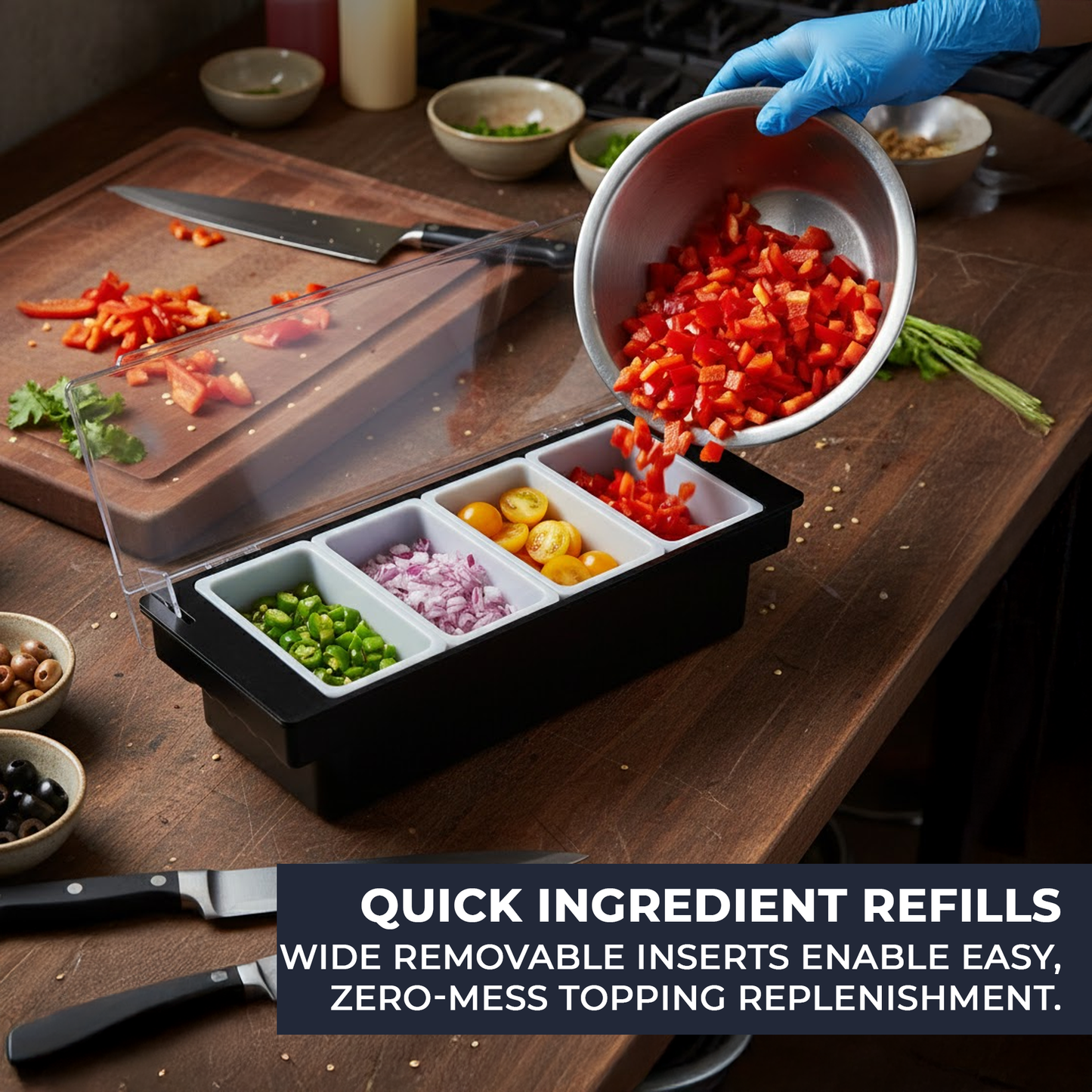 Black Plastic Condiment Holder with Clear Flip Lid & Integrated Carry Handles - 4-Compartment - Food-Safe – Professional Garnish & Topping Station - Premium  from Chabrias Ltd - Just £14.99! Shop now at Chabrias Ltd