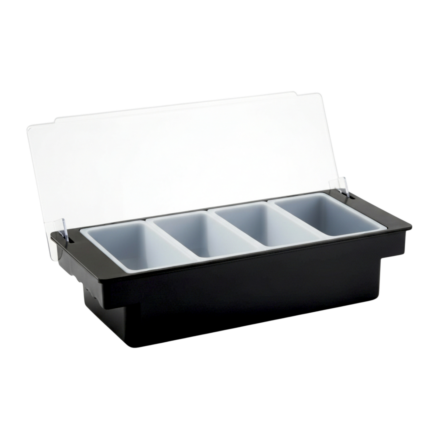 Black Plastic Condiment Holder with Clear Flip Lid & Integrated Carry Handles - 4-Compartment - Food-Safe – Professional Garnish & Topping Station - Premium  from Chabrias Ltd - Just £14.99! Shop now at Chabrias Ltd