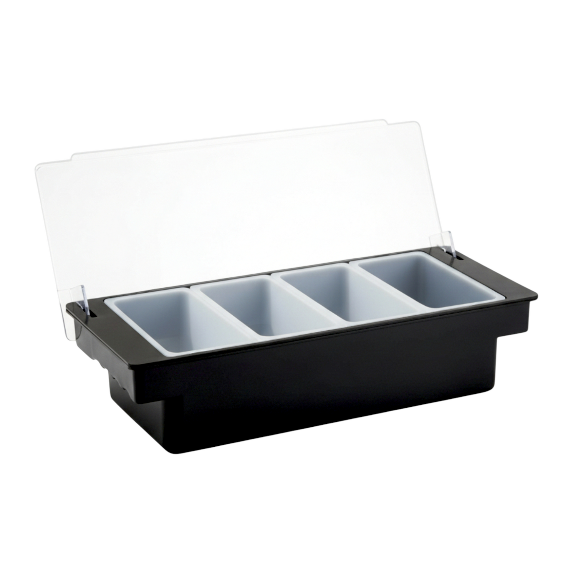 Black Plastic Condiment Holder with Clear Flip Lid & Integrated Carry Handles - 4-Compartment - Food-Safe – Professional Garnish & Topping Station - Premium  from Chabrias Ltd - Just £14.99! Shop now at Chabrias Ltd