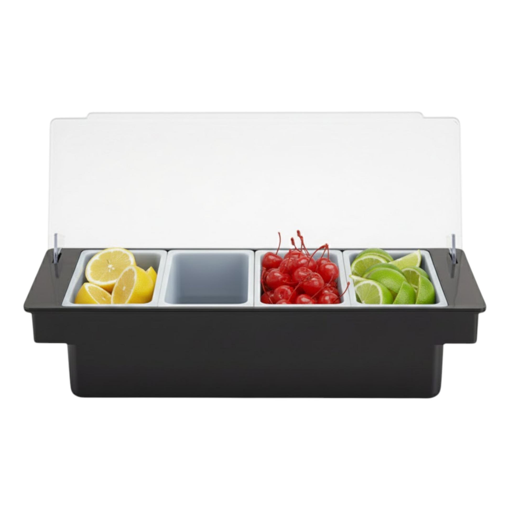 Black Plastic Condiment Holder with Clear Flip Lid & Integrated Carry Handles - 4-Compartment - Food-Safe – Professional Garnish & Topping Station - Premium  from Chabrias Ltd - Just £14.99! Shop now at Chabrias Ltd