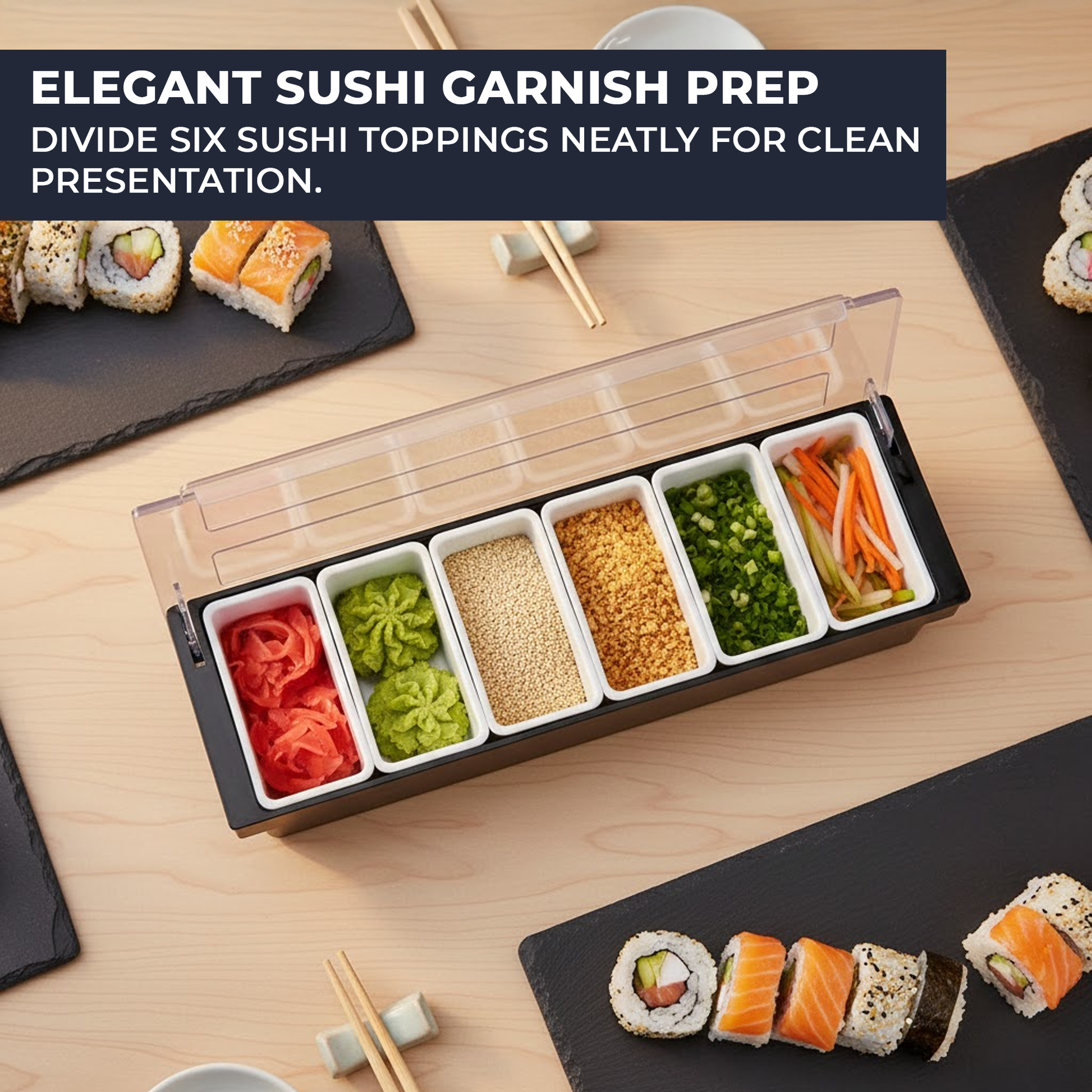 Black Plastic Condiment Holder with Clear Flip Lid & Integrated Carry Handles - 6-Compartment - Food-Safe – Professional Garnish & Topping Station - Premium  from Chabrias Ltd - Just £17.99! Shop now at Chabrias Ltd