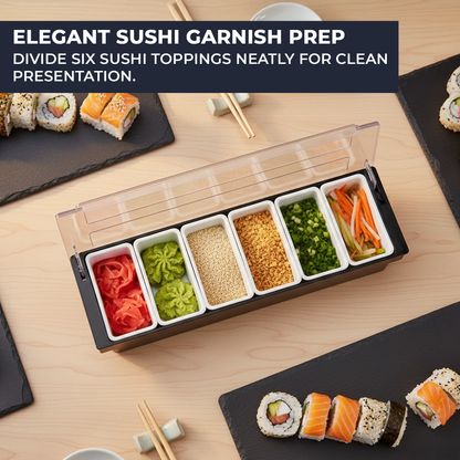 Black Plastic Condiment Holder with Clear Flip Lid & Integrated Carry Handles - 6-Compartment - Food-Safe – Professional Garnish & Topping Station - Premium  from Chabrias Ltd - Just £17.99! Shop now at Chabrias Ltd