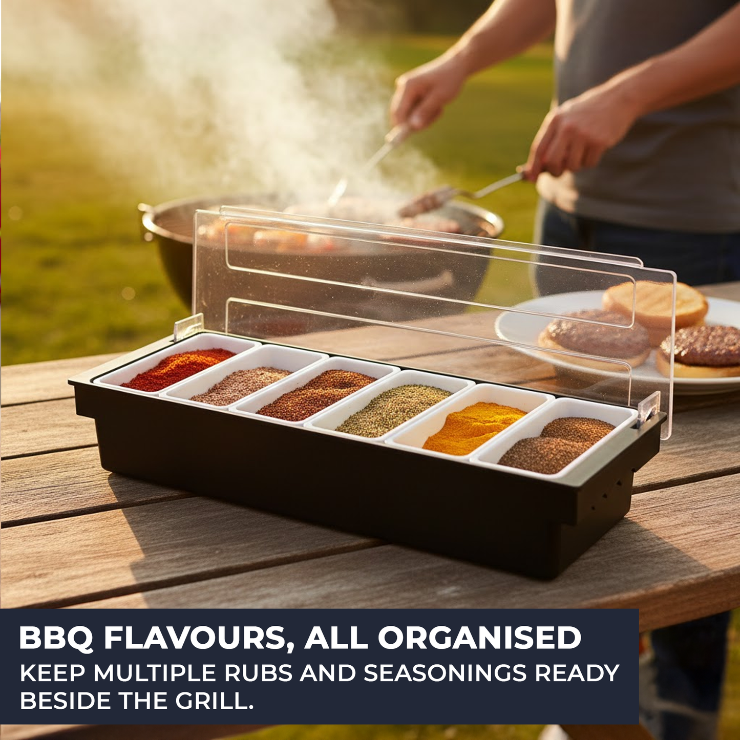 Black Plastic Condiment Holder with Clear Flip Lid & Integrated Carry Handles - 6-Compartment - Food-Safe – Professional Garnish & Topping Station - Premium  from Chabrias Ltd - Just £17.99! Shop now at Chabrias Ltd