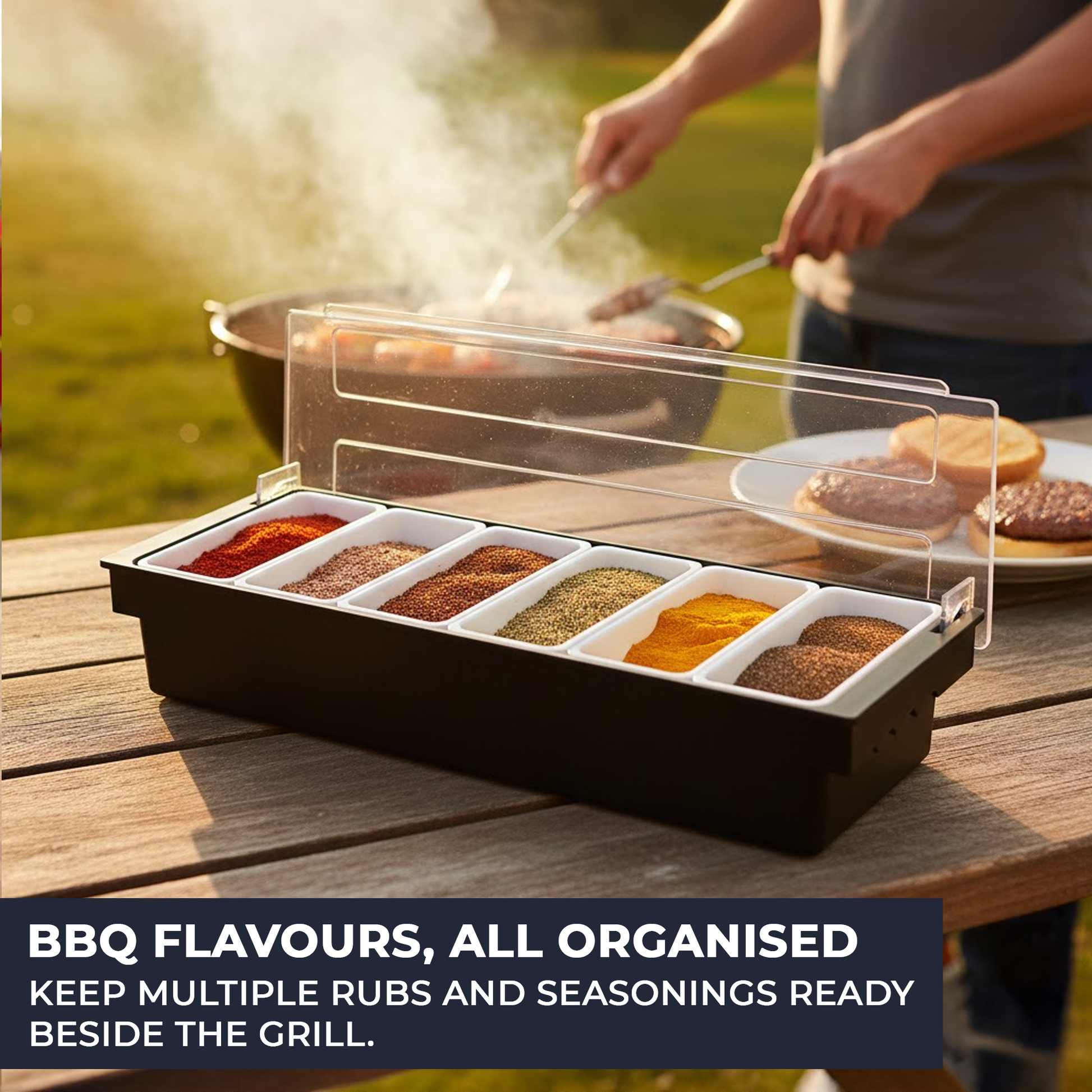 Black Plastic Condiment Holder with Clear Flip Lid & Integrated Carry Handles - 6-Compartment - Food-Safe – Professional Garnish & Topping Station - Premium  from Chabrias Ltd - Just £17.99! Shop now at Chabrias Ltd