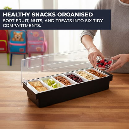 Black Plastic Condiment Holder with Clear Flip Lid & Integrated Carry Handles - 6-Compartment - Food-Safe – Professional Garnish & Topping Station - Premium  from Chabrias Ltd - Just £17.99! Shop now at Chabrias Ltd