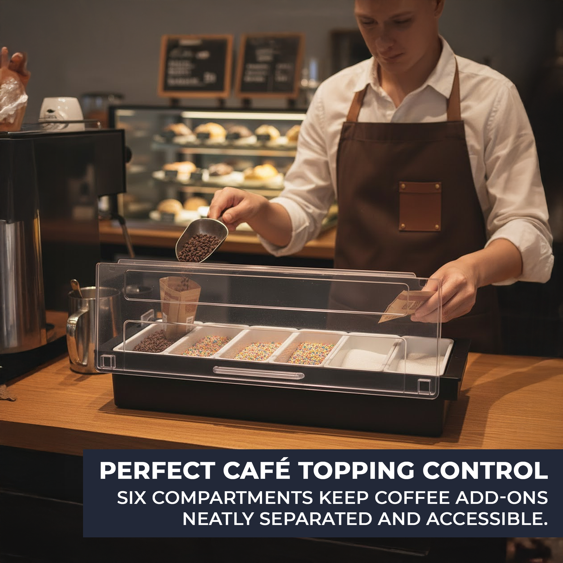 Black Plastic Condiment Holder with Clear Flip Lid & Integrated Carry Handles - 6-Compartment - Food-Safe – Professional Garnish & Topping Station - Premium  from Chabrias Ltd - Just £17.99! Shop now at Chabrias Ltd