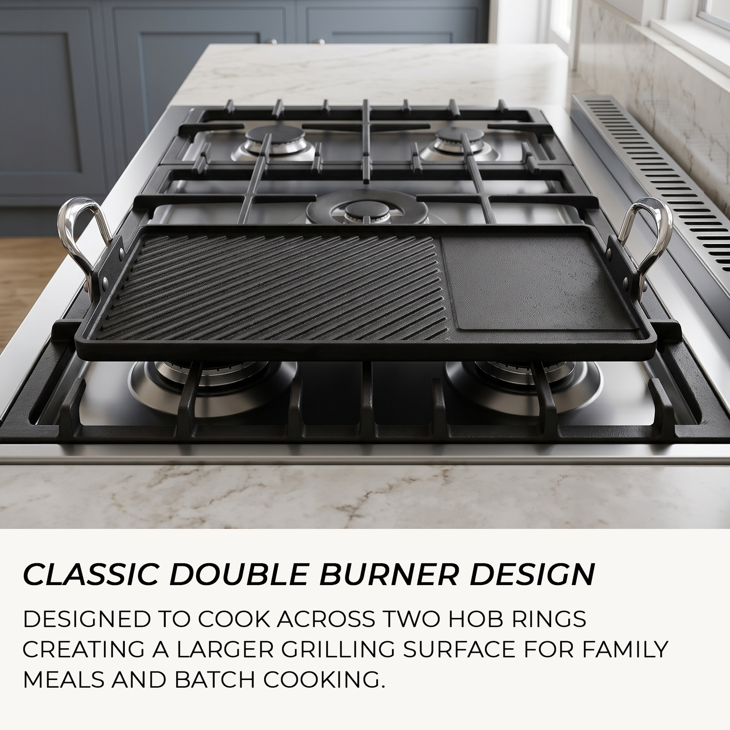 Heavy-duty rectangular cast iron grill plate for steaks, burgers and breakfast cooking