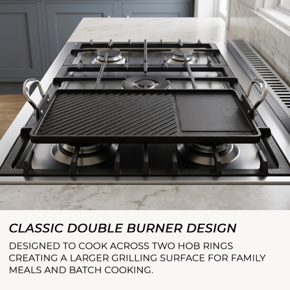 Heavy-duty rectangular cast iron grill plate for steaks, burgers and breakfast cooking