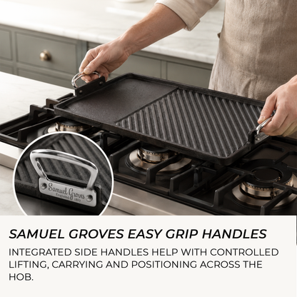British made cast iron griddle suitable for induction, oven, BBQ and open fire