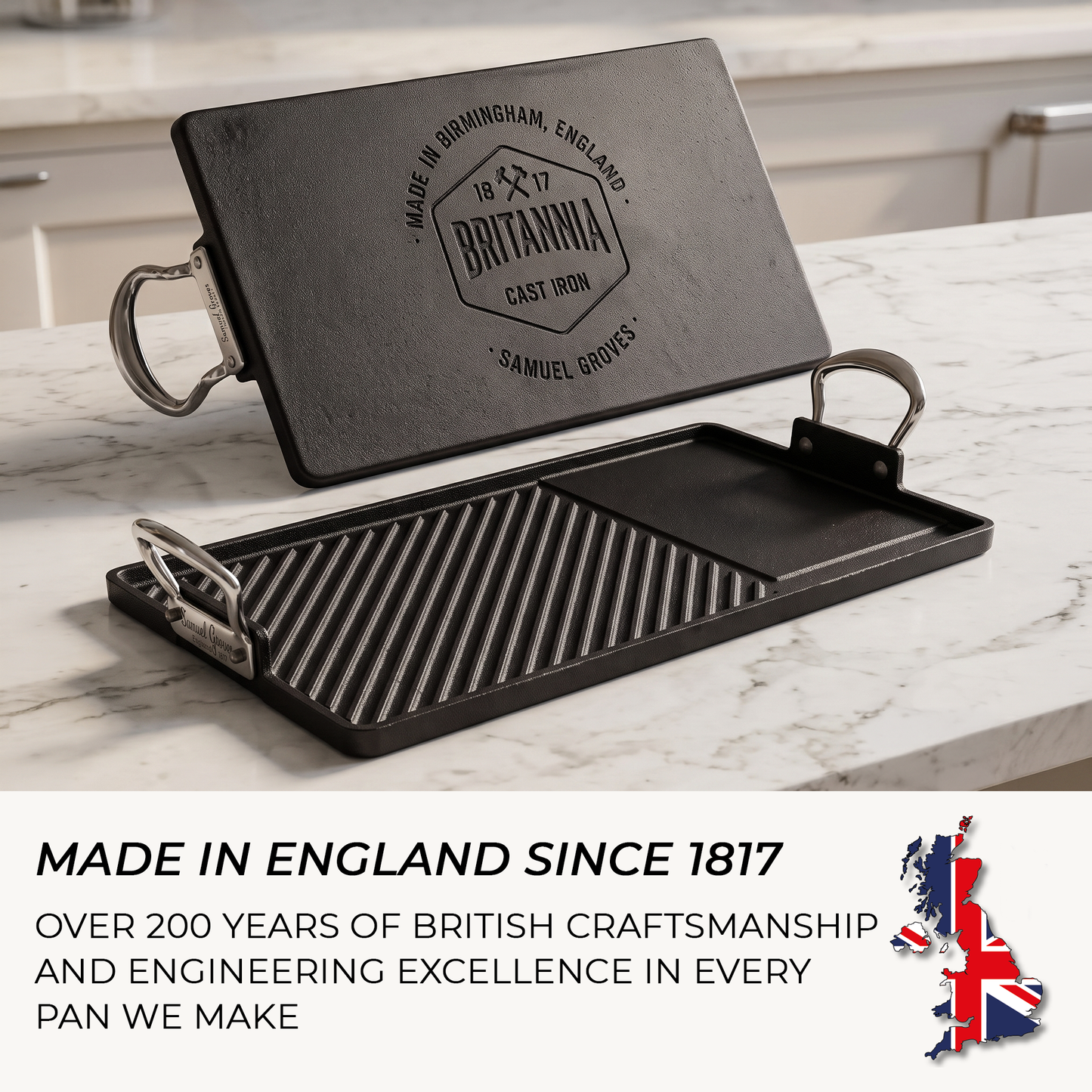 Samuel Groves cast iron double burner griddle on white background