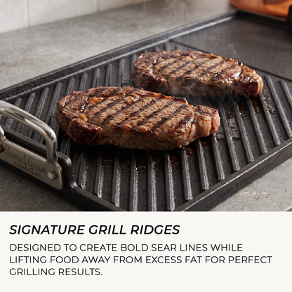 Close up of Samuel Groves Britannia cast iron griddle cooking surface