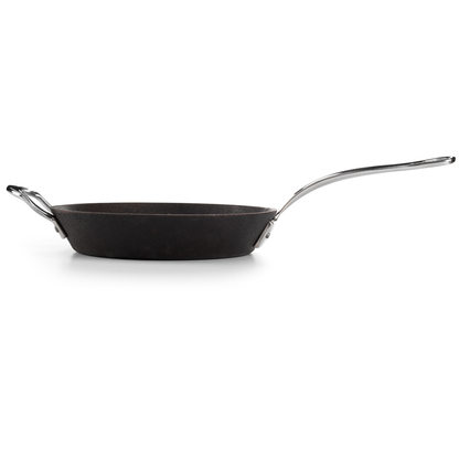 Stainless steel handle detail on Britannia cast iron frying pan