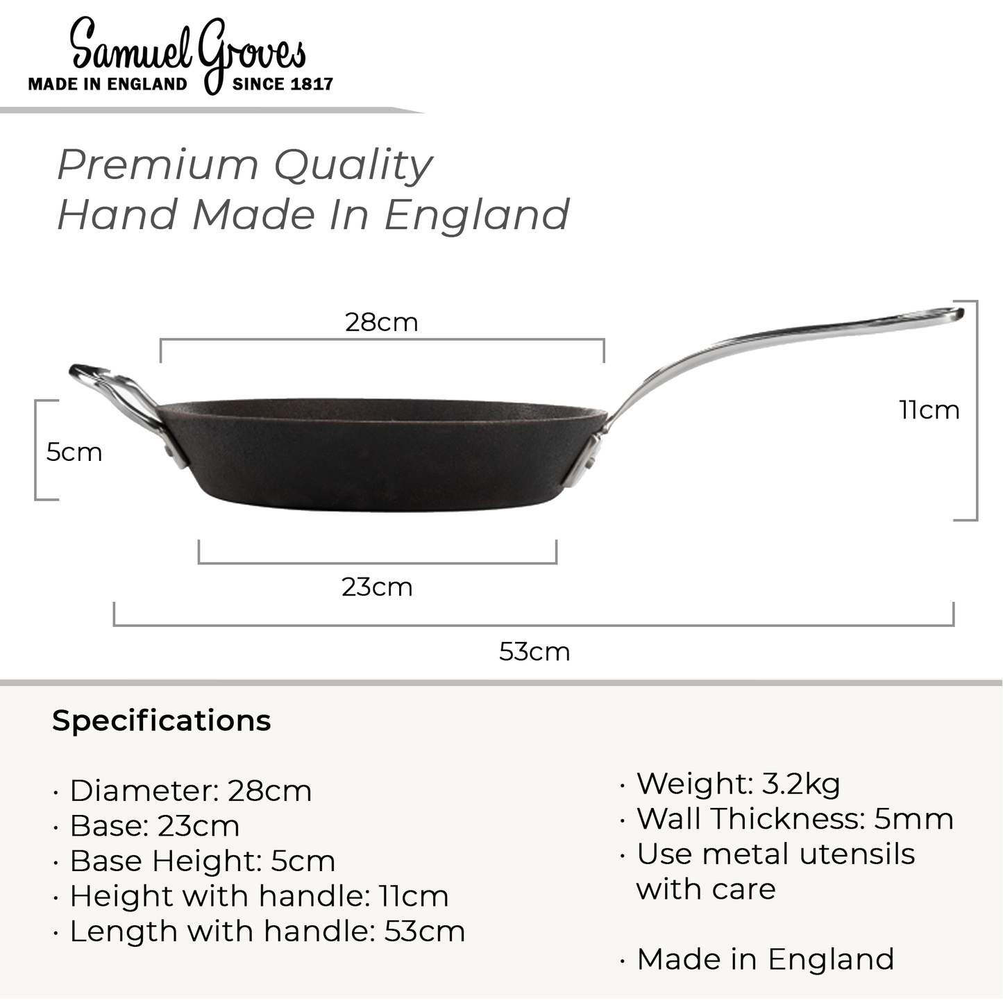 Britannia 28cm cast iron frying pan held in hand showing large pan size