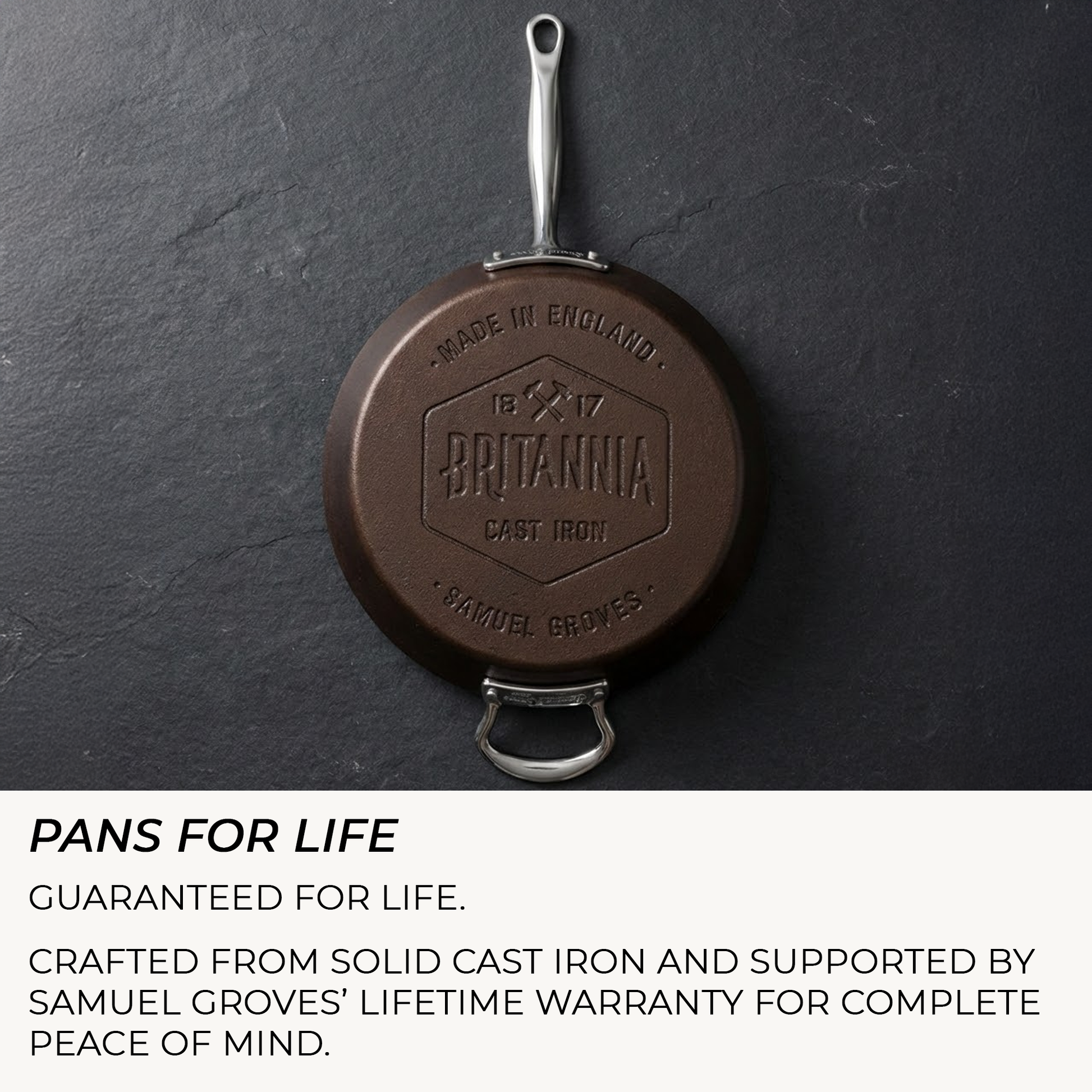 Underside of Britannia British made cast iron frying pan