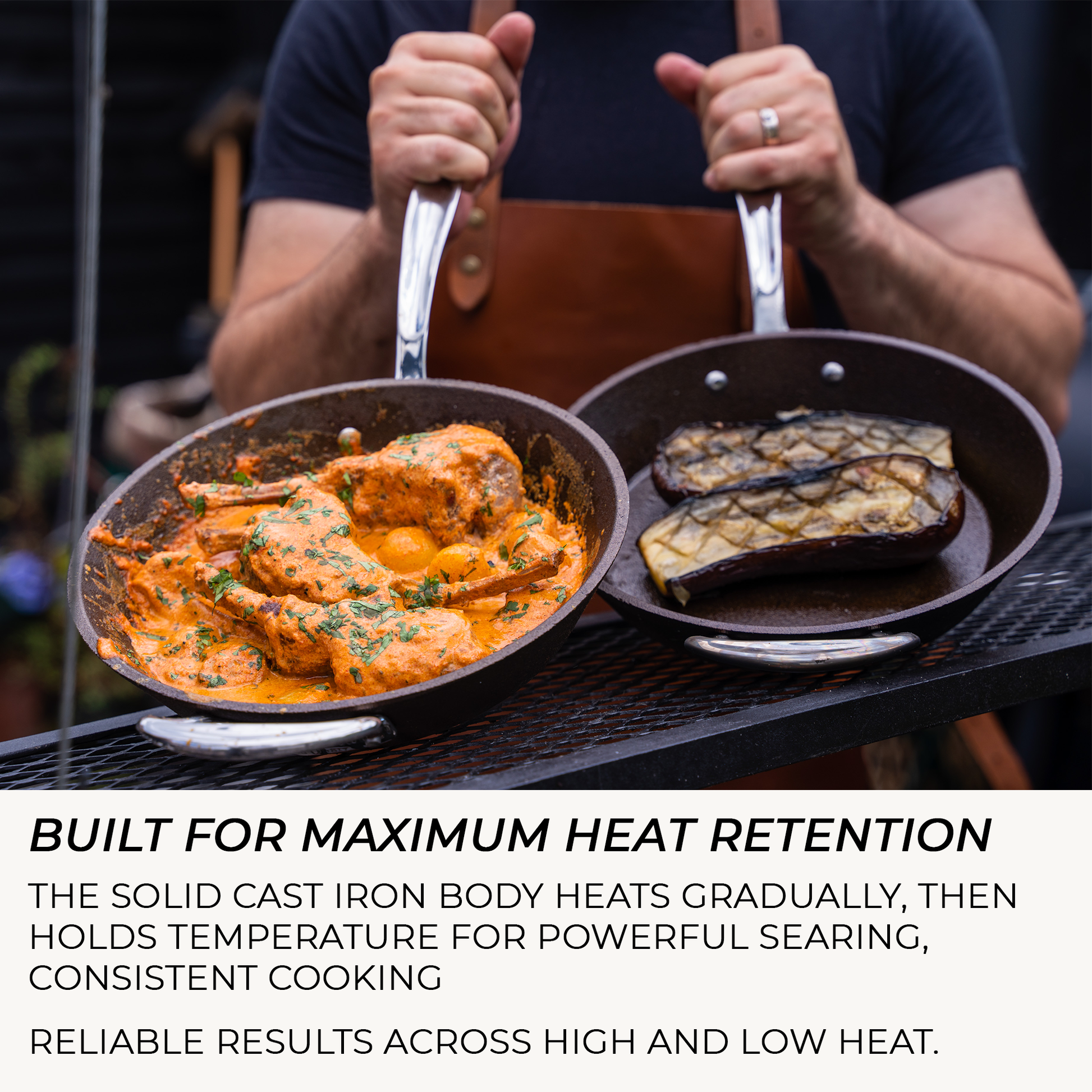 Cast iron frying pan searing steak with excellent heat retention