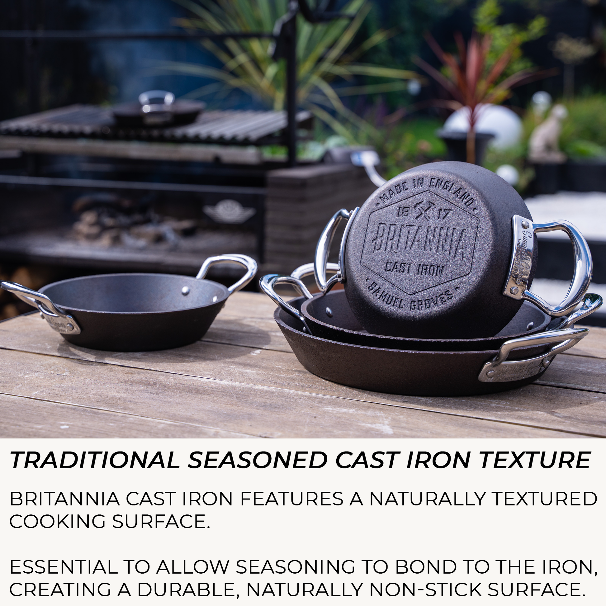 Britannia cast iron skillet with side handles in kitchen setting