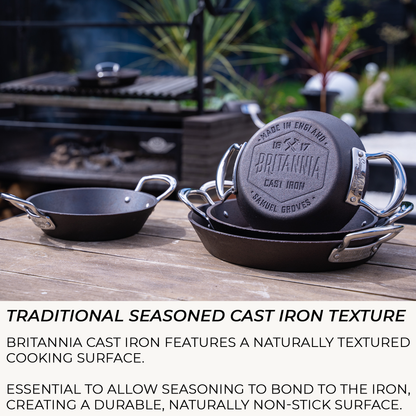 Britannia cast iron skillet with side handles in kitchen setting