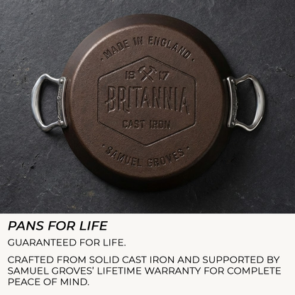 Underside of Britannia British made cast iron frying pan with side handles