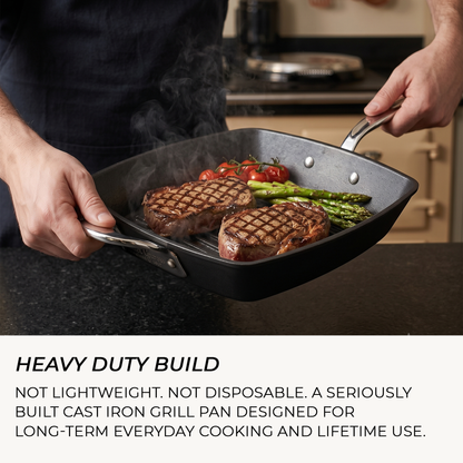 26cm square cast iron griddle pan with raised ridges for steak chicken fish and vegetables