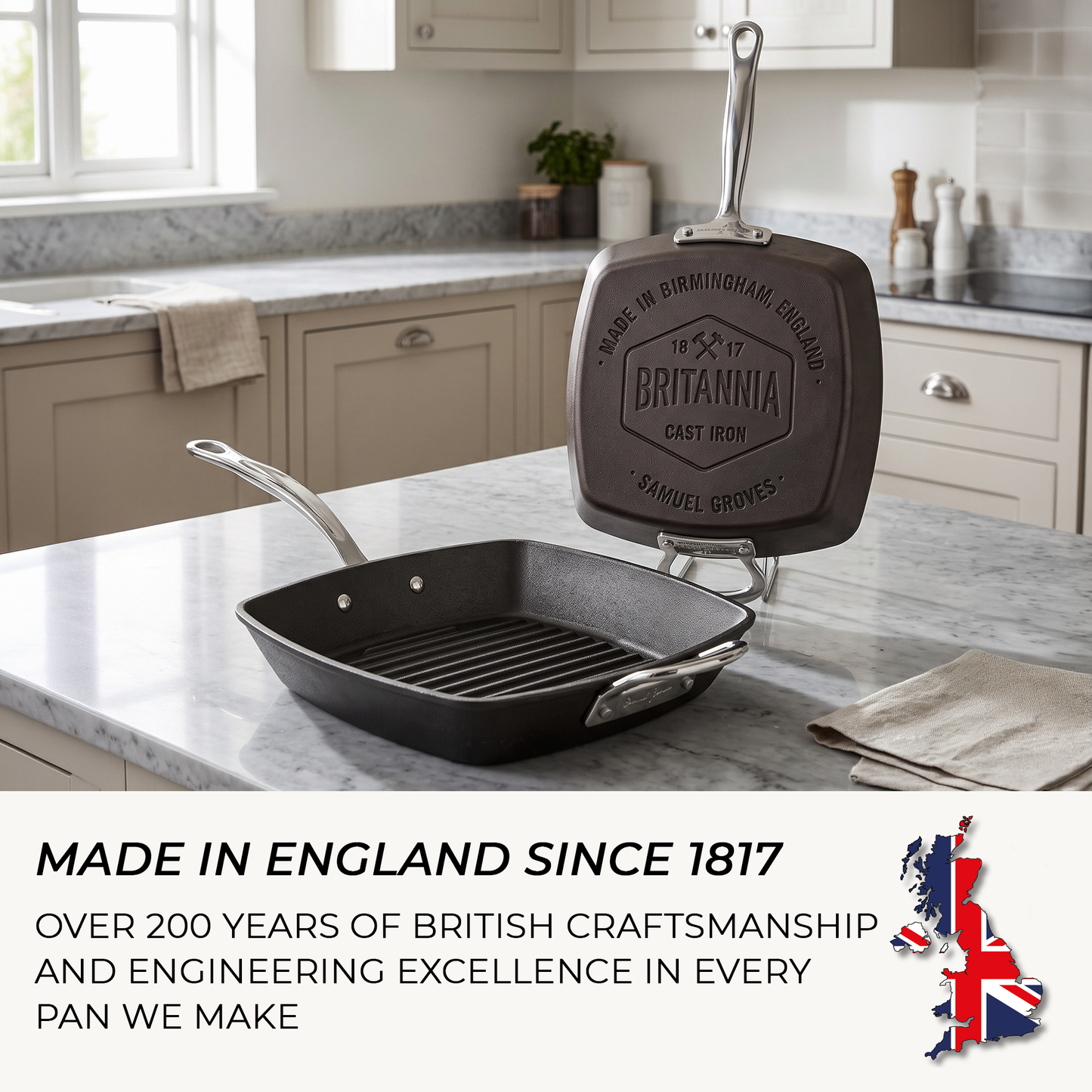 Samuel Groves cast iron square griddle pan cooking steak with bold grill marks