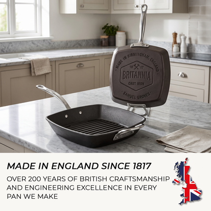Samuel Groves cast iron square griddle pan cooking steak with bold grill marks