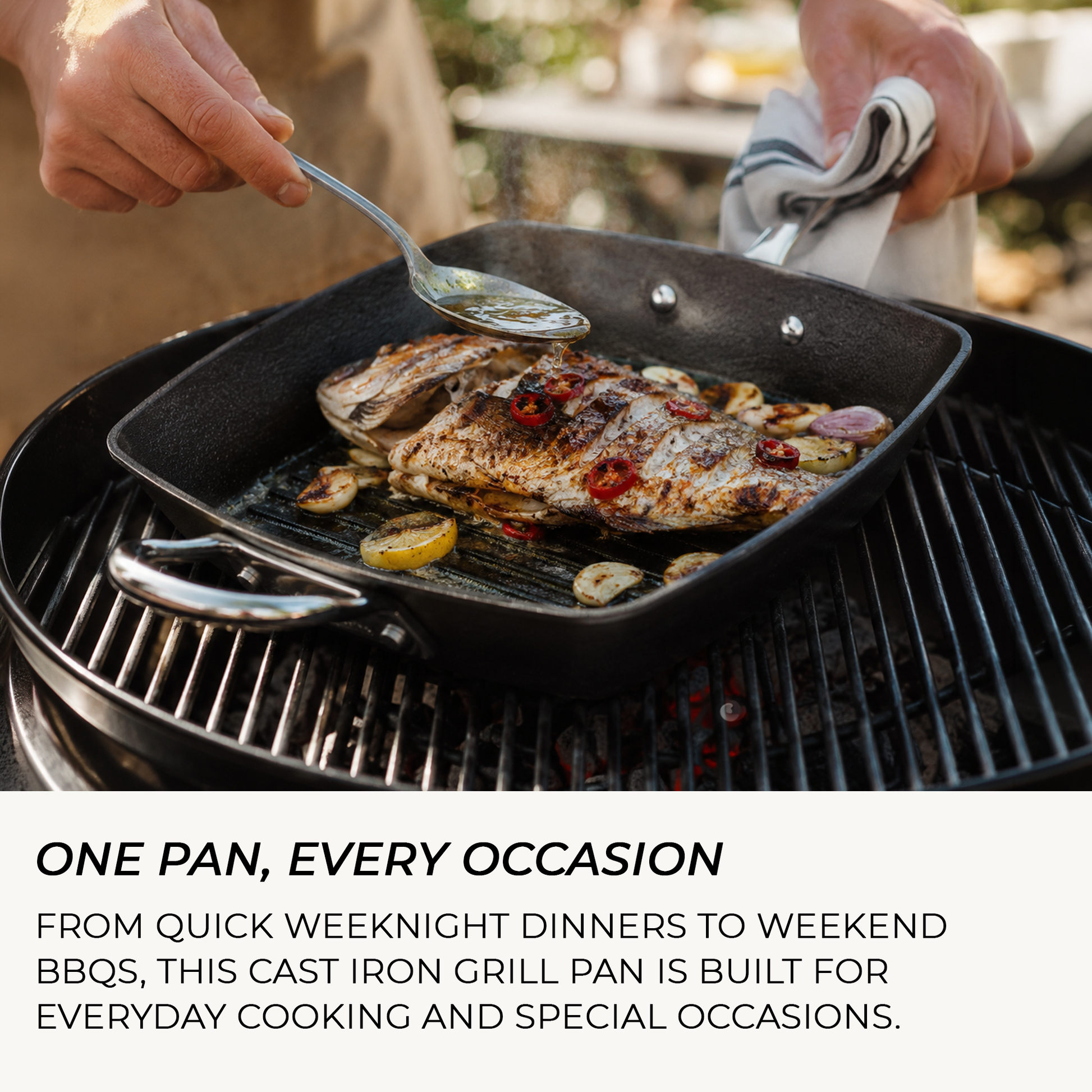 Cast iron square griddle pan cooking over BBQ coals for outdoor grilling