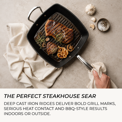 Aerial view of Samuel Groves cast iron grill pan with steak and vegetables