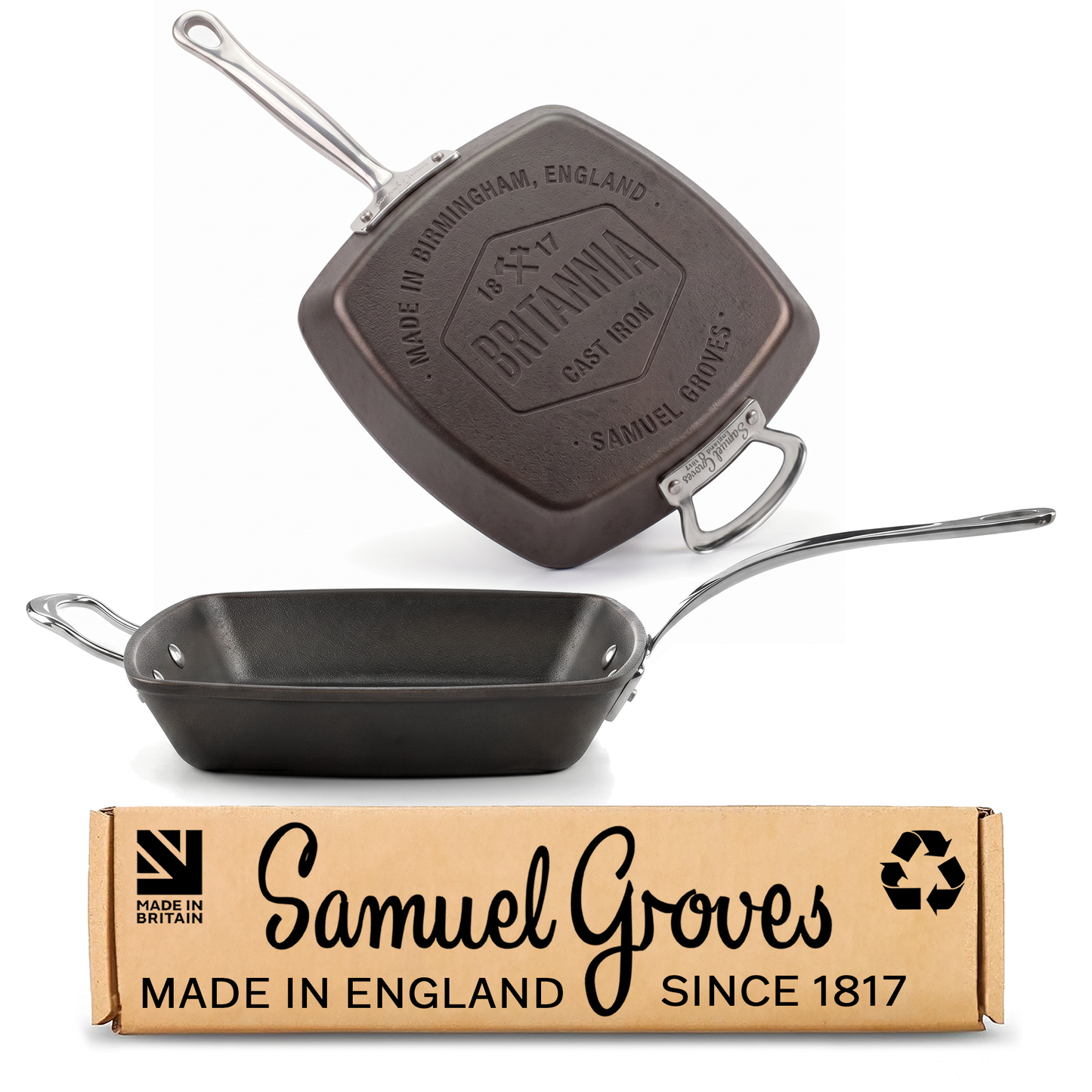 Samuel Groves Britannia 26cm cast iron square griddle pan with long stainless steel handle